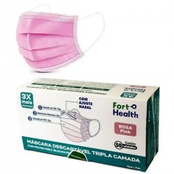 MÁscara DescartÁvel Fort Health Tripla Rosa 50un